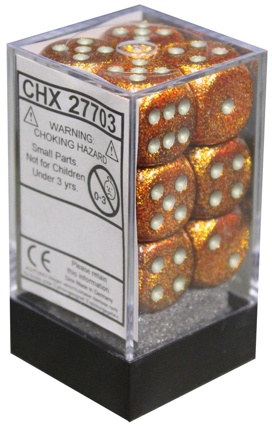 Chessex: Glitter 16mm D6 - Gold/Silver Dice Block (12)