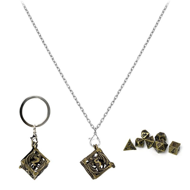 Mini Dice Set with D6 Hollow Necklace - Antique Gold Dragon