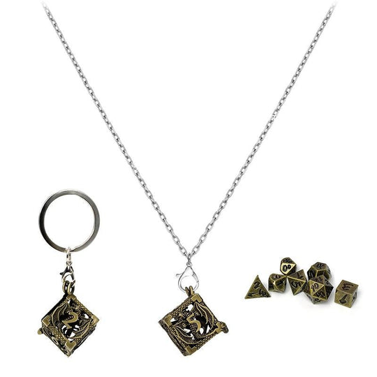 Mini Dice Set with D6 Hollow Necklace - Antique Gold Dragon