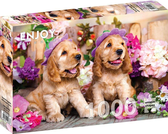 Enjoy Puzzle: Spaniel Puppies with Flower Hats (1000pc Jigsaw)
