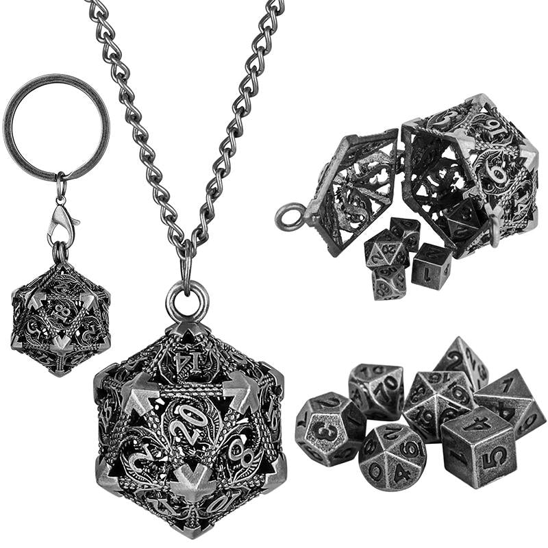 TBG: Mini Metal Dice Set with Hollow D20 Necklace Case - Gunmetal