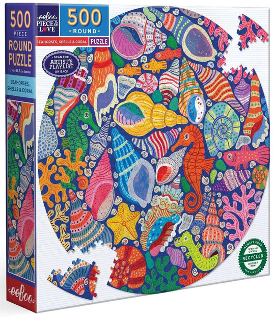 eeBoo: Seahorses, Shells & Coral 500 - Round Puzzle (500pc Jigsaw)