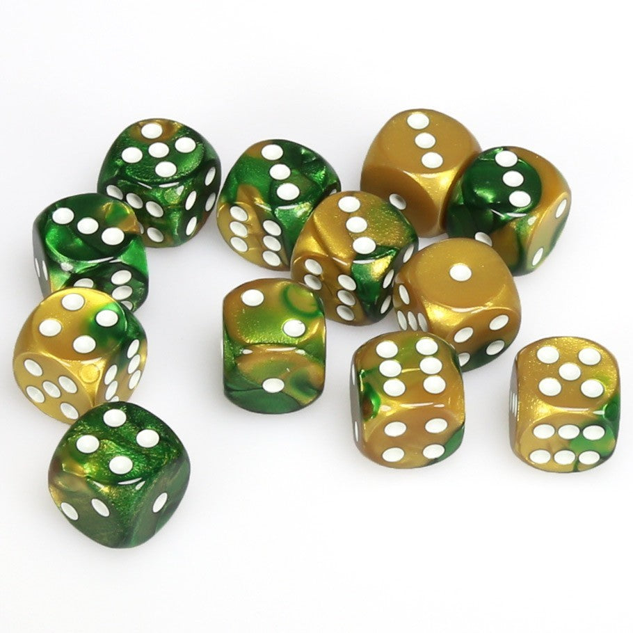 Chessex: Gemini 16mm D6 Block - Gold-Green/White