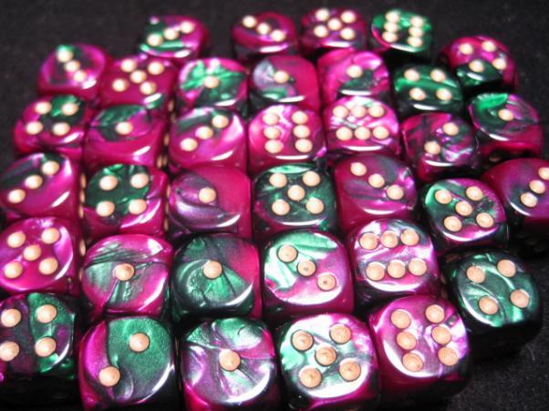 Chessex Dice Sets: Green-Purple/Gold Gemini 12mm d6 (36)