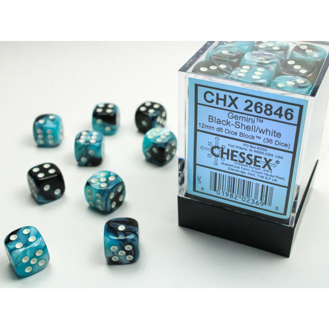 Chessex Dice Sets: Gemini # 5 12mm d6 Black Shell/White (36)