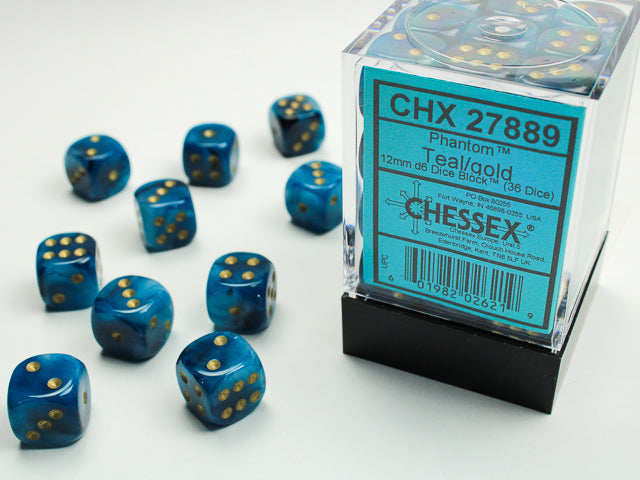 Chessex Dice Sets: Teal/Gold Phantom 12mm d6 (36)