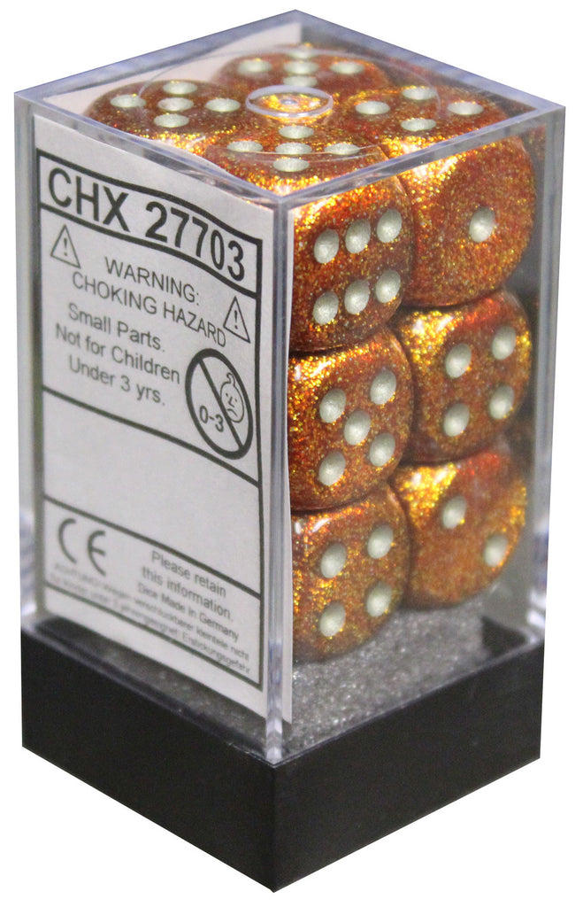 Chessex: Glitter 16mm D6 - Gold/Silver Dice Block (12)