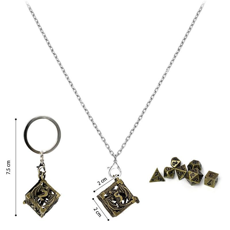 Mini Dice Set with D6 Hollow Necklace - Antique Gold Dragon