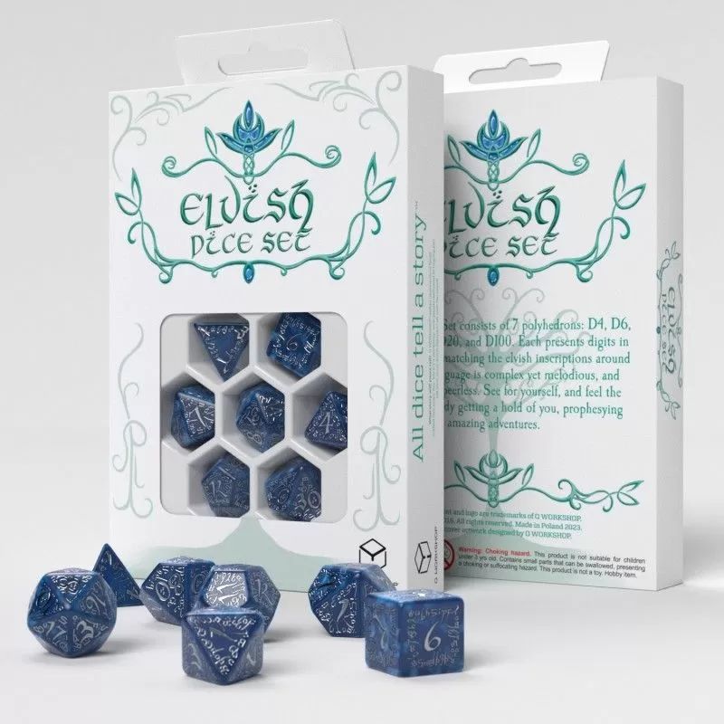 Q Workshop Elvish Dice Set: 7 Dice Set - Cobalt & Silver