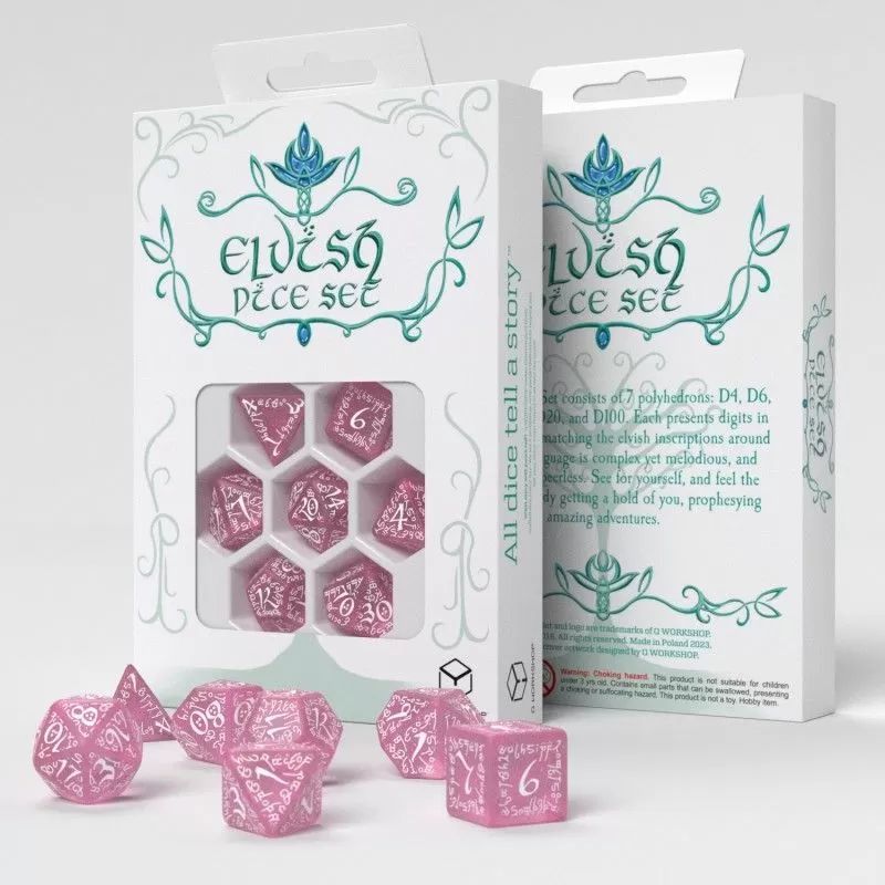 Q Workshop Elvish Dice Set: 7 Dice Set - Shimmering Pink & White