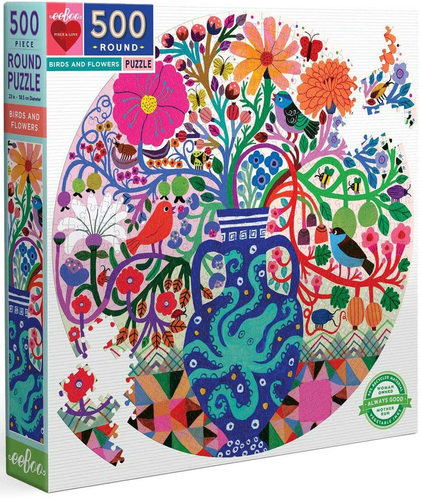 eeBoo: Birds and Flowers - Round Puzzle (500pc Jigsaw)