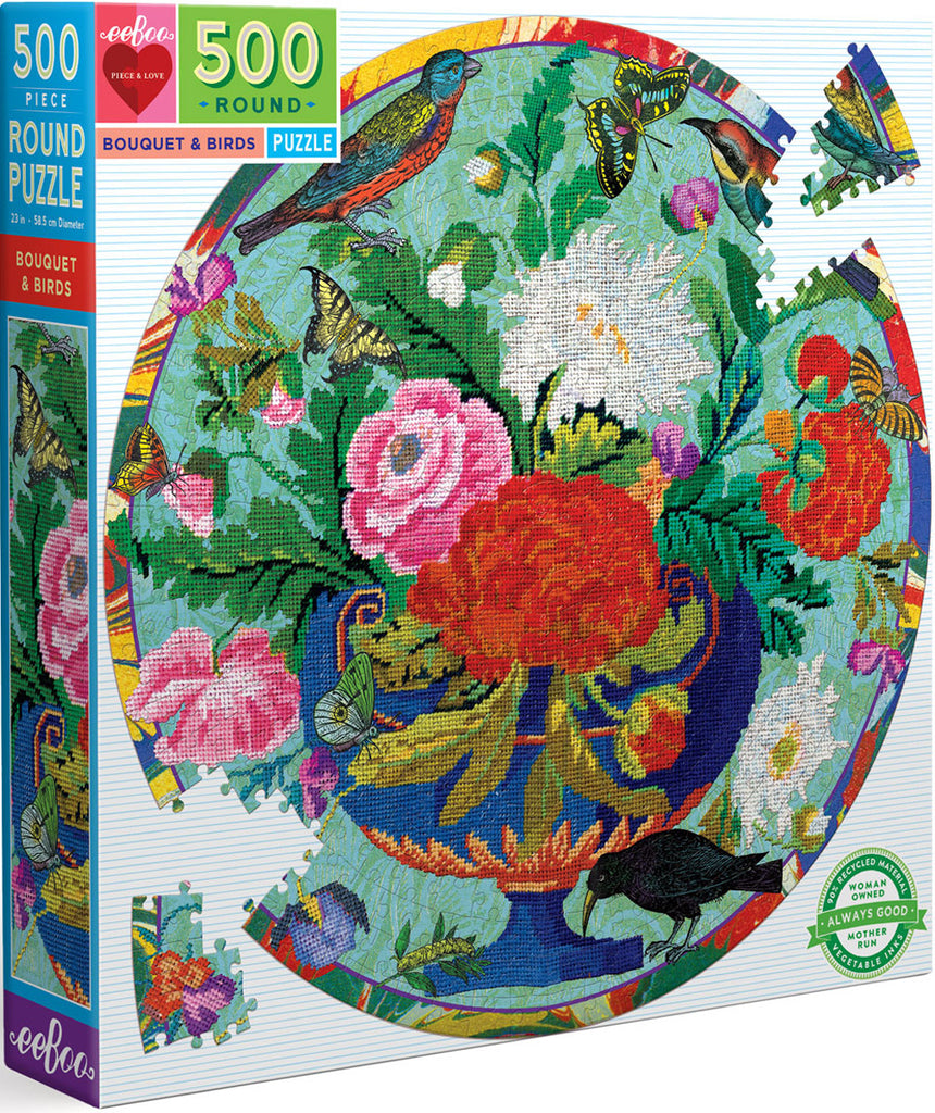 eeBoo: Bouquet and Birds - Round Puzzle (500pc Jigsaw)
