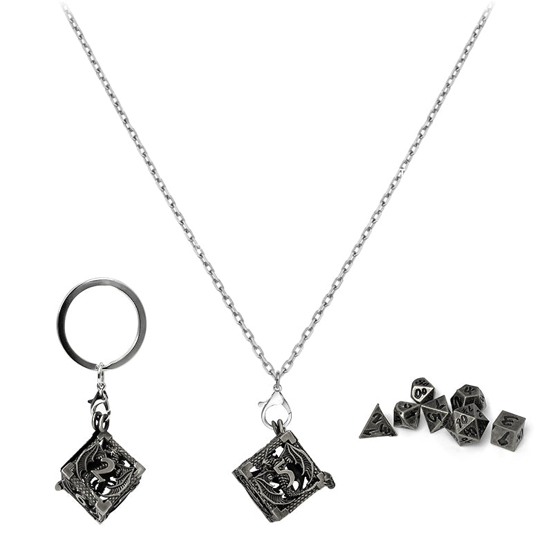 Mini Dice Set with D6 Hollow Necklace - Gunmetal Dragon