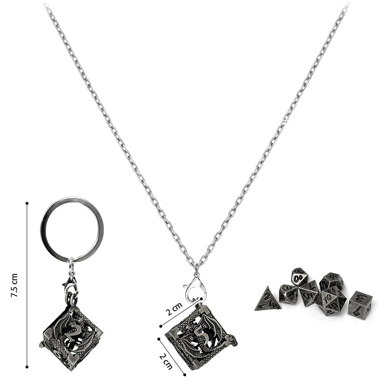 Mini Dice Set with D6 Hollow Necklace - Gunmetal Dragon