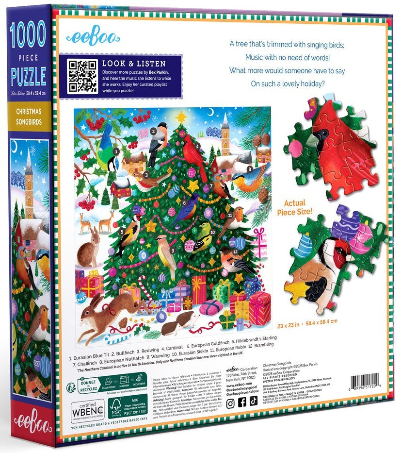 eeBoo: Christmas Songbirds - Square Puzzle (1000pc Jigsaw)