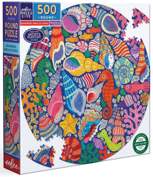 eeBoo: Seahorses, Shells & Coral 500 - Round Puzzle (500pc Jigsaw)