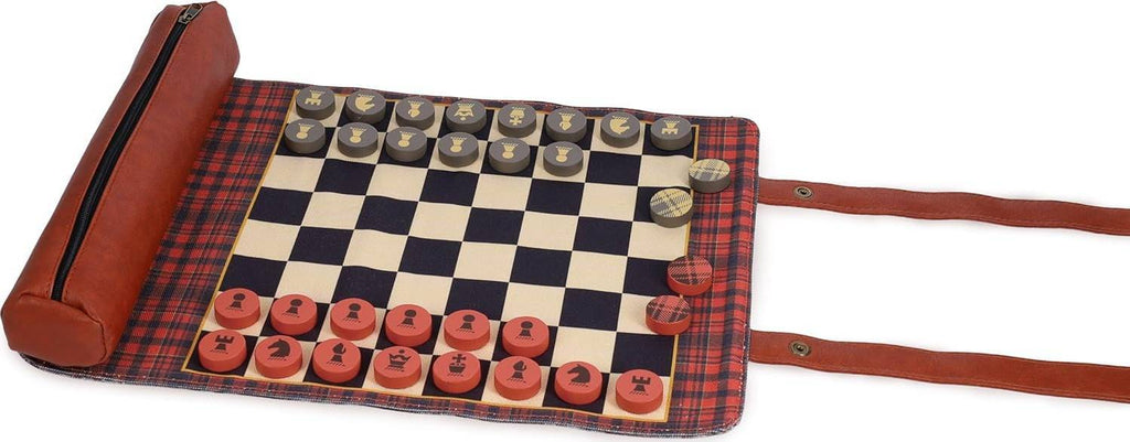 Pendleton: Red Black Check Pattern Chess & Checkers - Travel Ready Roll-Up Edition
