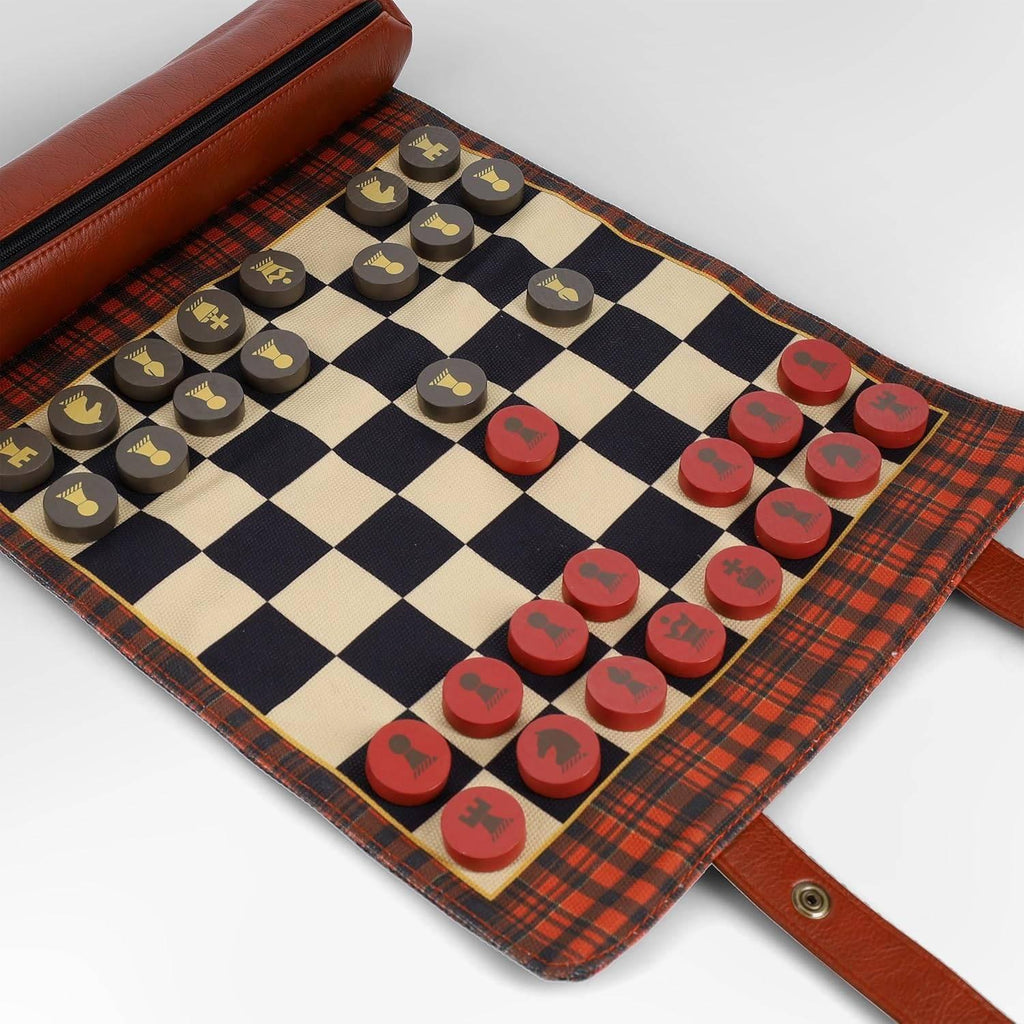 Pendleton: Red Black Check Pattern Chess & Checkers - Travel Ready Roll-Up Edition